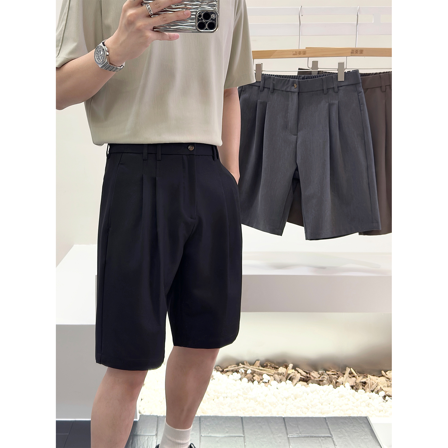 夏季五分西装裤男士双褶宽舒短裤