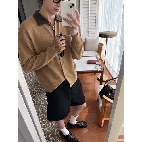 复古撞色翻领针织开衫男士松弛感