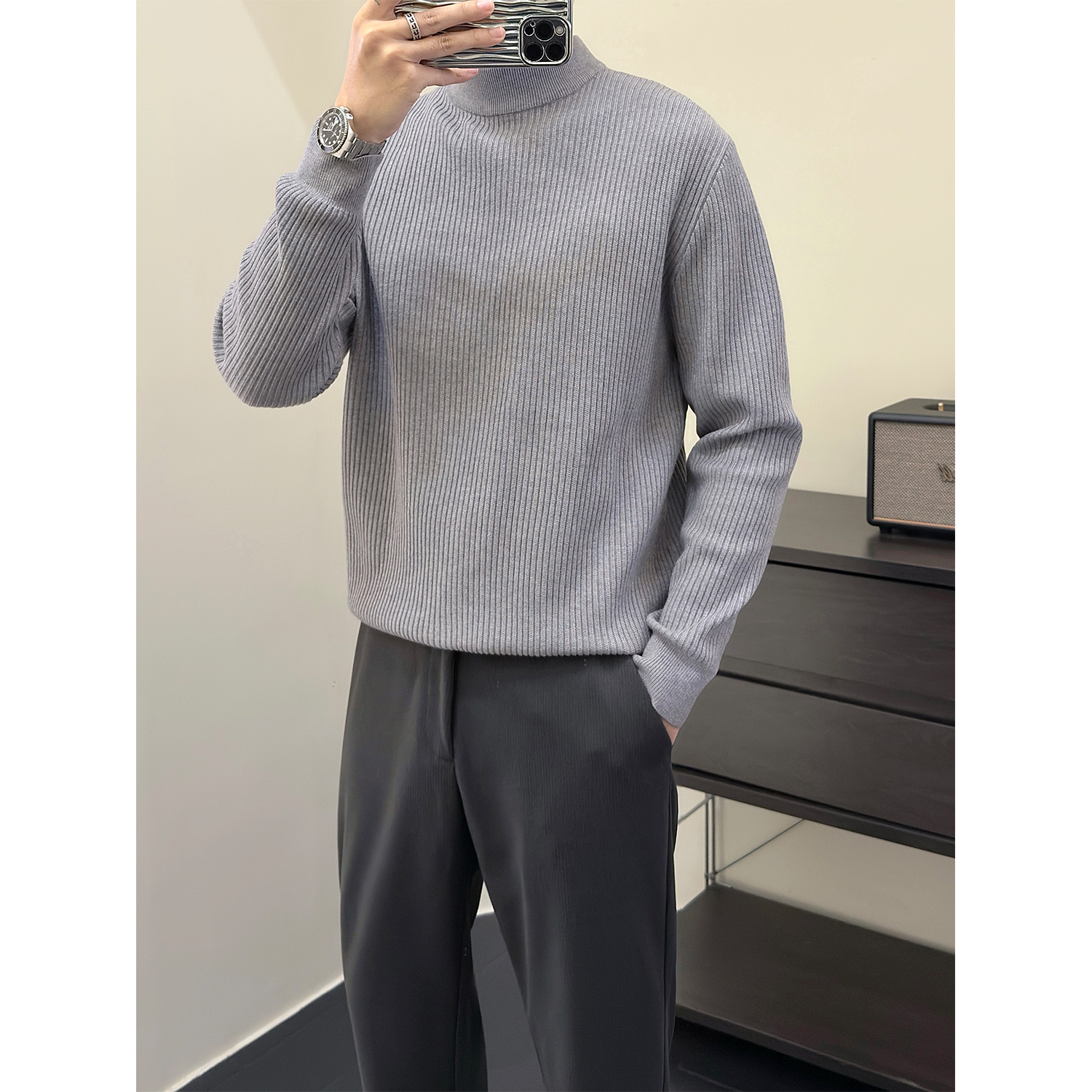 羊毛肌理感12针半高领毛衣