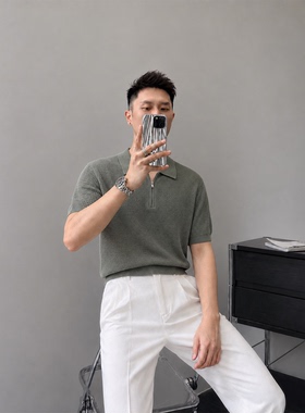 轻熟风男士华夫格肌理针织 Polo 衫绿色半拉链短袖夏季高级感T恤