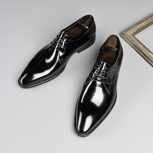 皮鞋男真皮擦色亮面商务正装宴会鞋头层牛皮德比鞋尖头系带潮鞋子