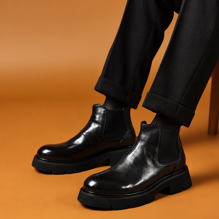 高品质水洗牛皮厚底切尔西靴套筒短靴子真皮潮流马丁靴牛仔皮靴男