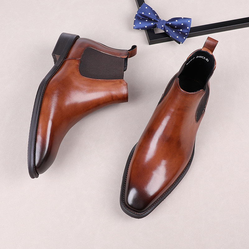 欧美新款高帮商务正装皮鞋真皮工装男靴英伦套筒短靴子切尔西靴男