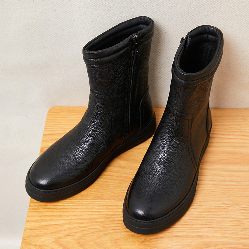 冬新款潮流中筒牛皮男靴子圆头马丁靴休闲牛仔靴厚底拉链皮靴真皮