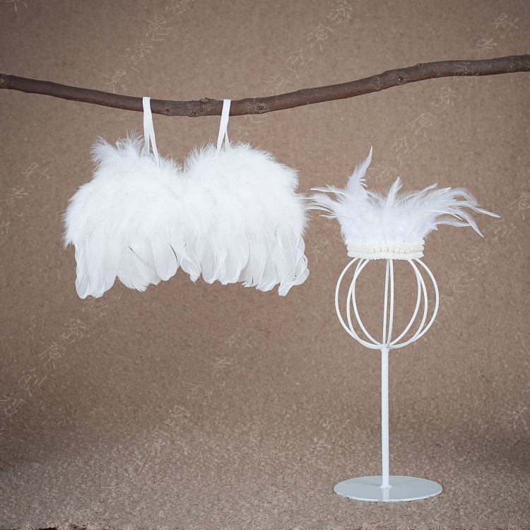 欧美风新生儿满月百天拍照摄影白色羽毛珍珠皇冠王冠头饰摆件道具