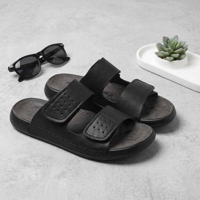 2026夏季新款真皮拖鞋男士外穿休闲一字拖防滑轻质魔术贴沙滩凉鞋
