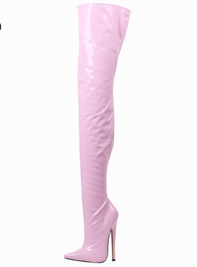 性感情趣SM漆皮女王过膝靴加长18厘米尖头细跟大码变装CD包腿紧身