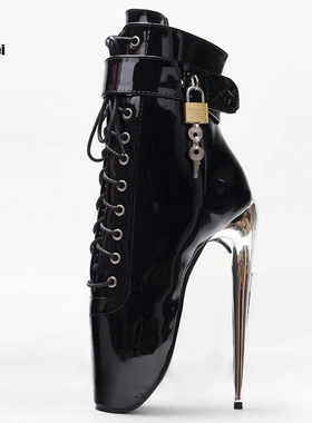 苦月亮新款芭蕾短靴18CM超高跟带锁夜店情趣COSPLAY反串男士鞋