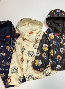 0679 110 120cm日单春秋款 男女童汪汪队带薄绒 双层连帽风衣外套