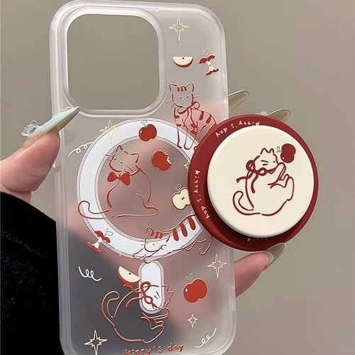 ins红色苹果线条猫咪磁吸支架适用iphone15promax16手机壳苹果1413防摔11/12promax磨砂xs/xr肤感87plus少女