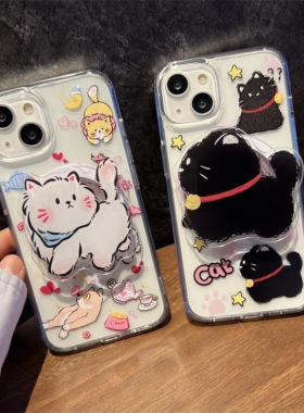 韩风可爱猫咪磁吸支架适用iphone15promax手机壳苹果1413pro卡通12/11防摔14promax硅胶xsmax/xr保护套78plus