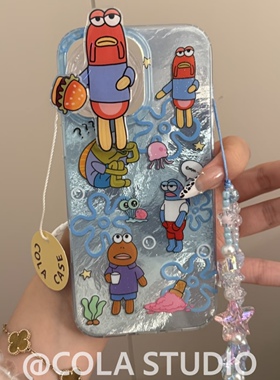 卡通蓝色比奇堡居民汉堡鱼适用iphone15promax16手机壳苹果1413防摔11/12promax可爱xsxr夏日清新87plus双层