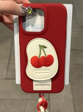 樱桃支架荔枝纹适用iphone15promax14手机壳苹果16软iphone13防摔11/12promax皮纹xsxr新年红色6s8p/7plus女