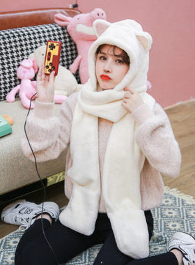 女冬兔毛加厚保暖可爱猫耳朵帽子