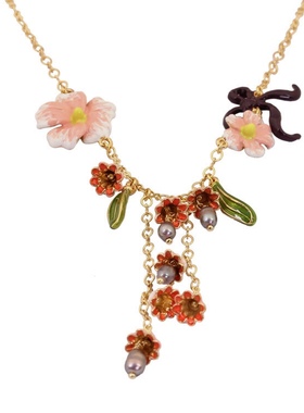 浪漫田园粉色系花朵珍珠流苏项链个性气质甜美珐琅手绘新款潮