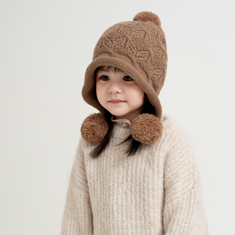儿童冬季毛球针织保暖毛线帽护耳