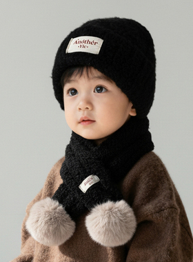 儿童毛线帽围巾两件套秋冬季宝宝帽子男童女童套头帽针织帽保暖帽