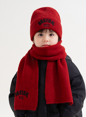 儿童帽子围巾两件套男童女童针织毛线帽红色新年宝宝套头帽保暖帽