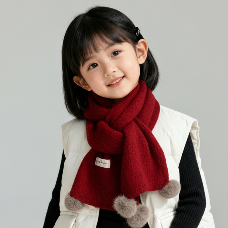 儿童围巾秋冬季宝宝针织毛线围脖男女童保暖围巾纯色毛球新年红色
