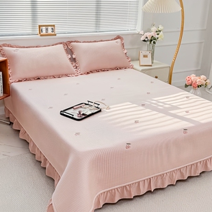 清新刺绣夏季冰丝凉席床裙三件套凉感床盖床罩单带裙边可折叠水洗