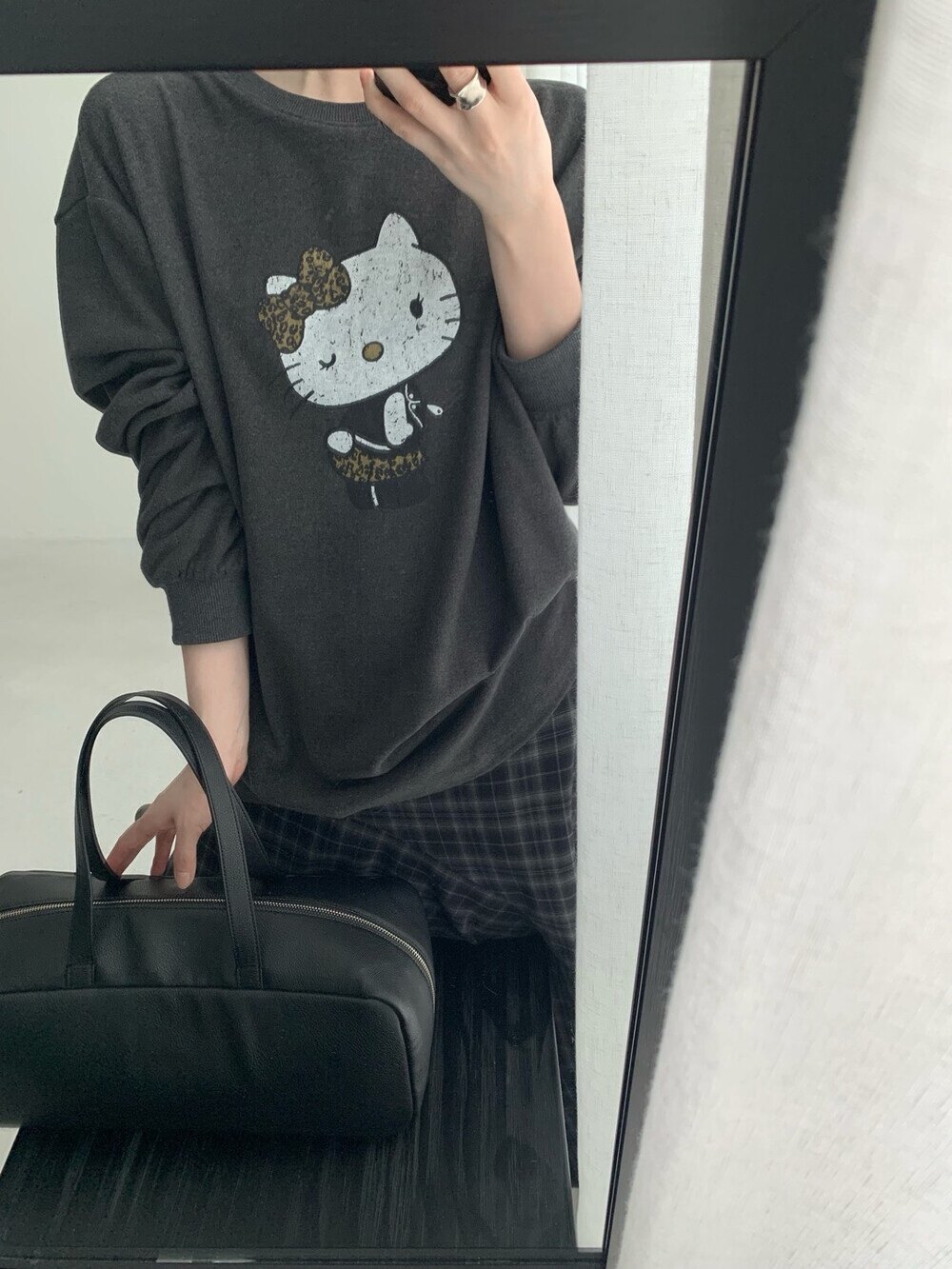 韩国东大门订单hello kitty宽松印花加厚磨毛气质灰中长款T恤女