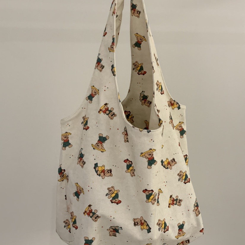 韩国进口百搭气质可爱卡通小熊印花帆布单肩手提包ins25夏新款