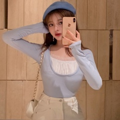 Real price mesh stitching fake two long sleeve t