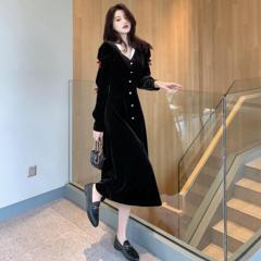 ~Real shot real price contrast ribbon lace stitching velvet dress