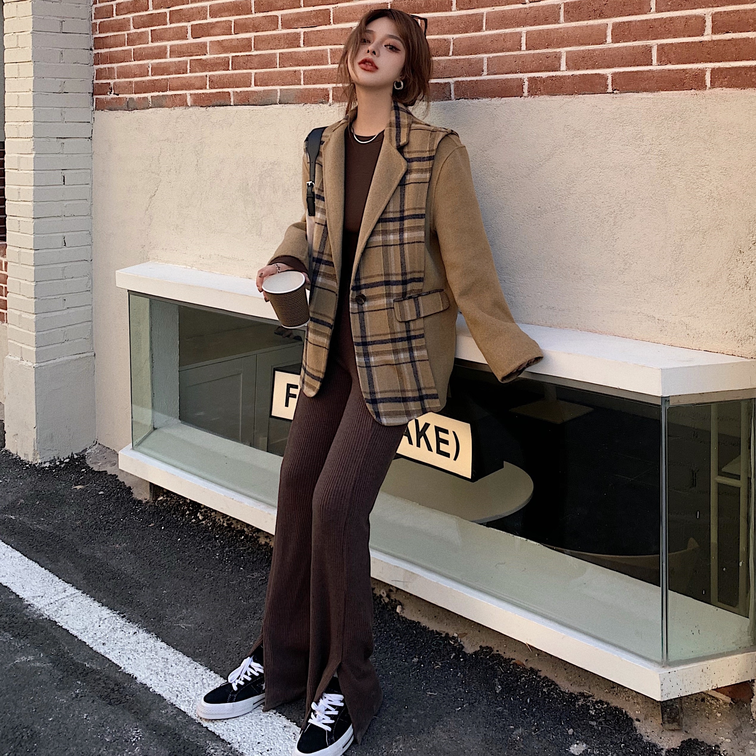 Real shot real price stitching woolen suit coat wide leg split pants suit