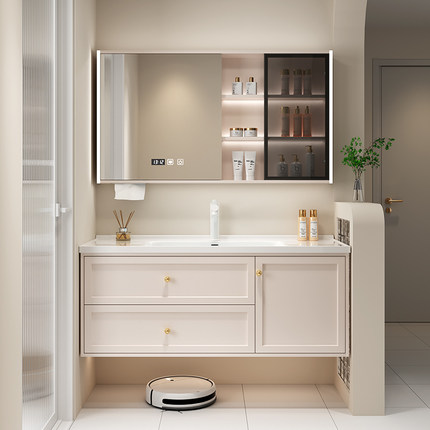 奶油风浴室柜陶瓷一体盆洗手脸盆柜组合卫生间洗漱台现代简约智能