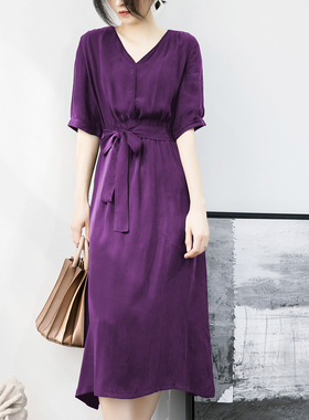 法式复古风高级感紫色铜氨丝连衣裙女中长款 五分袖A字大摆连衣裙
