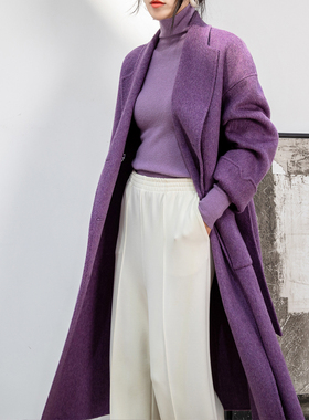 2025韩版紫色通勤双面羊绒羊毛呢子大衣女中长款保暖毛呢外套加厚