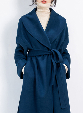 赫本风高级感蓝色双面羊绒羊毛呢大衣女收腰系带气质加厚毛呢外套