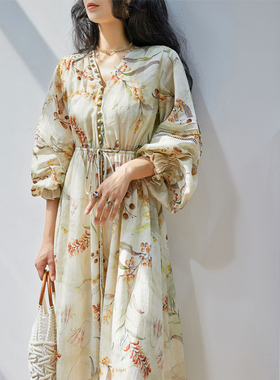 之和新款印花度假风惊艳连衣裙温柔夏季小众设计收腰气质显瘦长裙