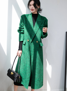 高级感法式复古风绿色双面羊绒羊毛呢子大衣女中长小众加厚呢外套