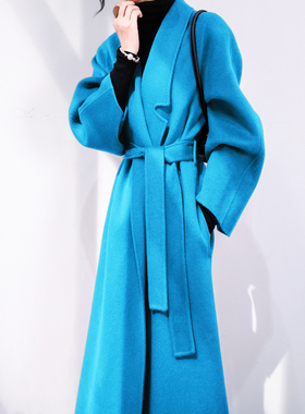 法式复古风孔雀蓝双面羊绒羊毛呢大衣女冬小个子加厚显瘦毛呢外套