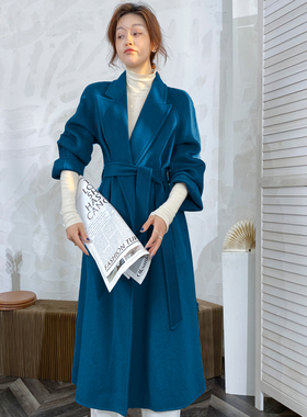 赫本风西装领双面羊绒羊毛呢子大衣女中长天蓝色收腰系带羊毛外套