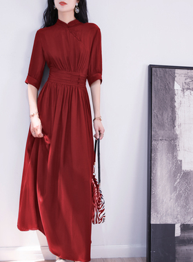 新中式红色惊艳铜氨丝长裙连衣裙女夏高级感收腰显瘦订婚A字长裙