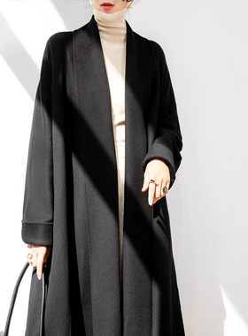 高级感大翻领黑色显瘦双面羊绒羊毛大衣女中长款过膝加厚毛呢外套
