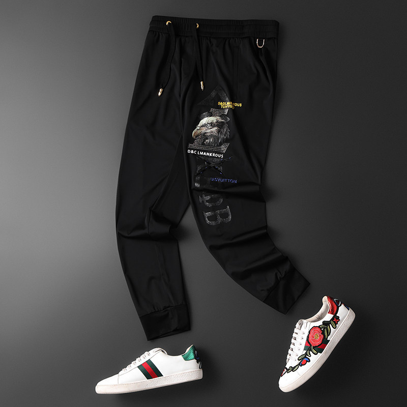 刺绣烫钻多工艺夏季新款男士运动休闲裤松紧束脚长裤K2125P138，男装休闲裤，电商D230