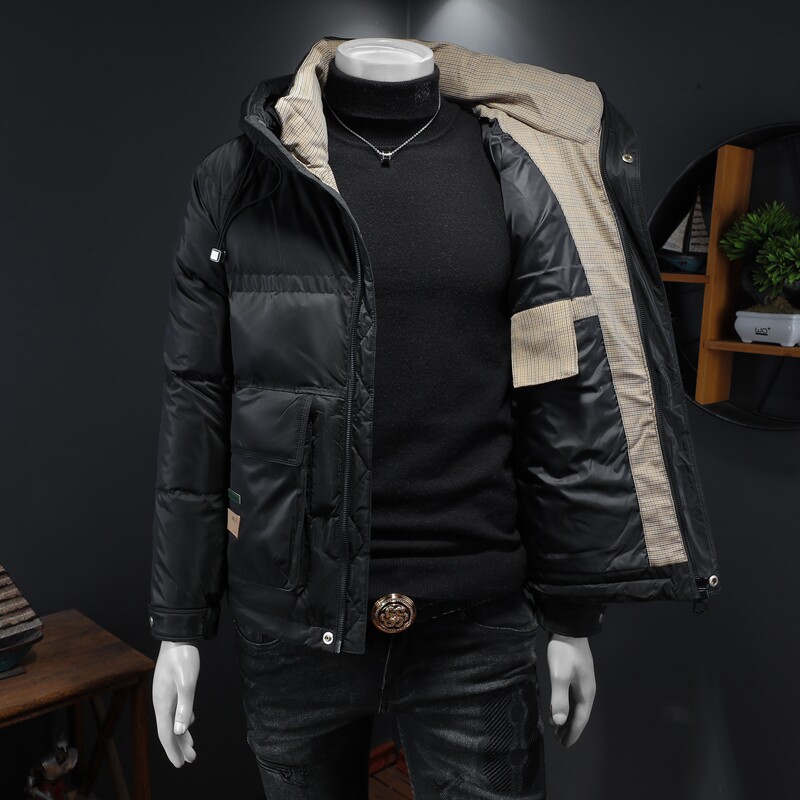 2023冬季新款80绒羽绒服翻领小格子印花连帽外套Y28362P265假模,男装羽绒服,电商D230