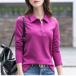 厚款妈妈纯棉长袖t恤女竹节棉有带领子打底衫棉质翻领上衣春秋款