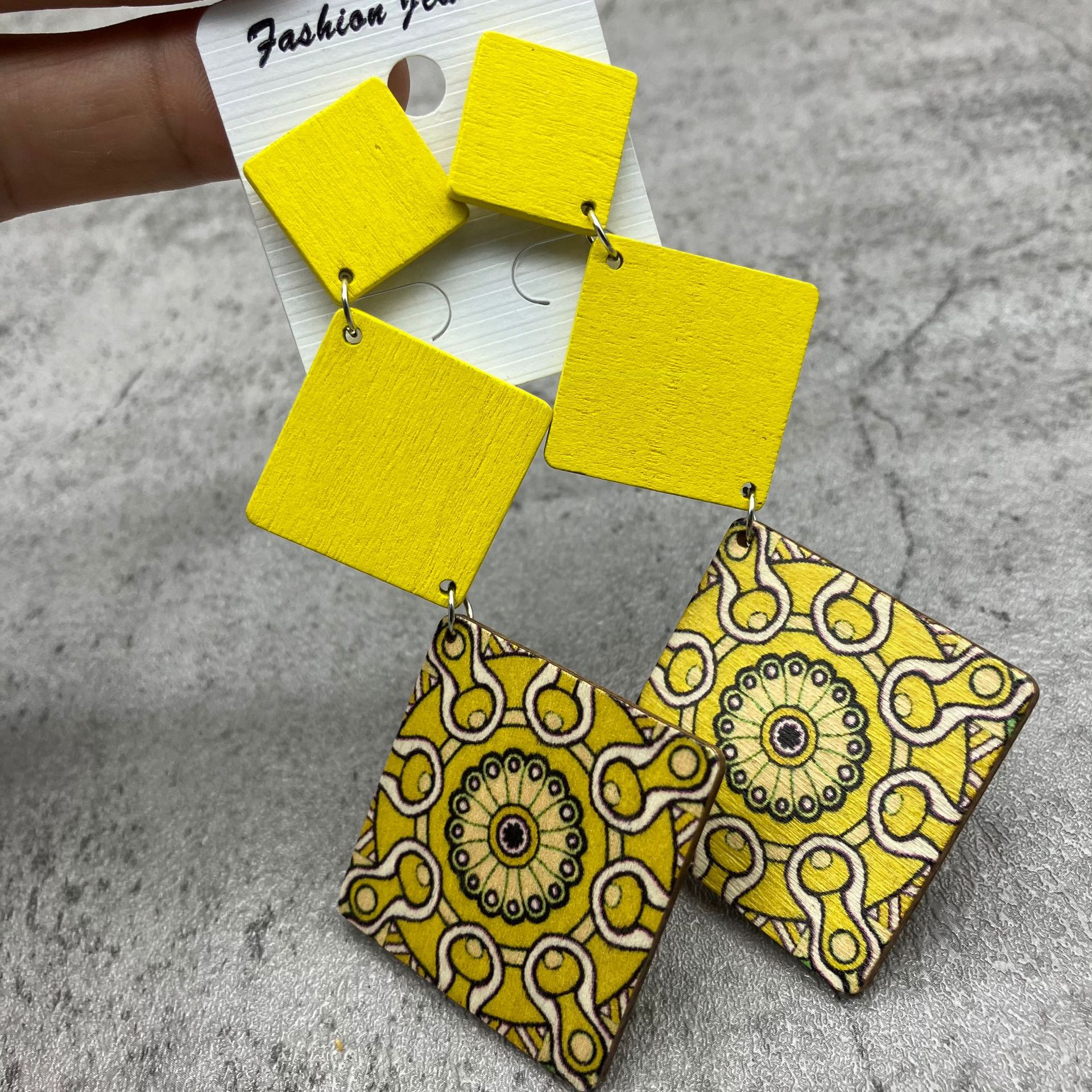 欧美爆款文艺复古长耳环菱形木质大耳饰earrings外贸饰品现货