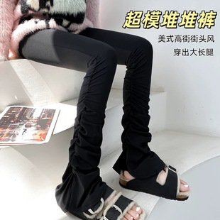 加绒运动瑜伽裤 女运动外穿微喇裤 高街辣妹高腰显瘦褶皱堆堆裤 美式