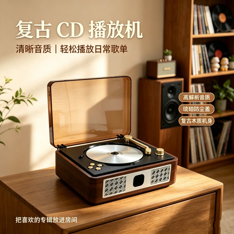 复古一体式CD 播放机蓝牙5.4 便携式HiFi音质留声机内置音箱棕色