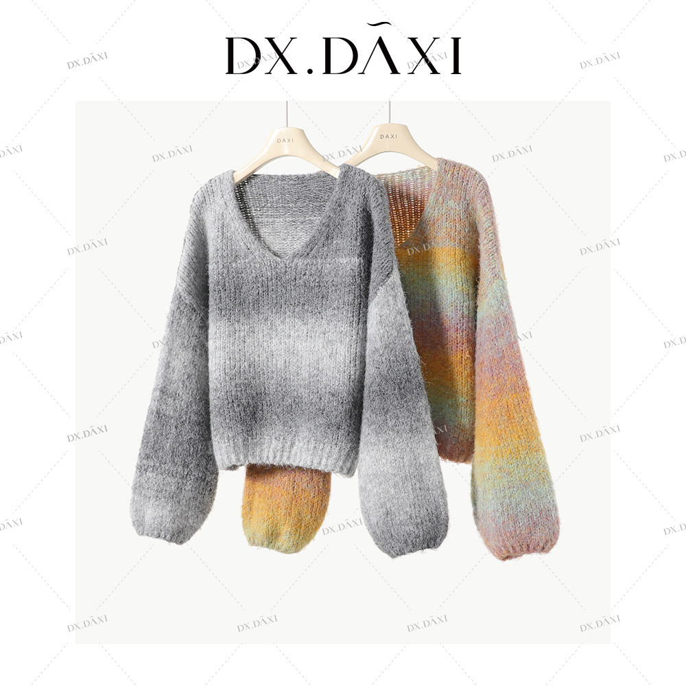 DX.DAXI【落日甜酒】渐变气质v领针织衫女秋季新款加厚短款毛衣女