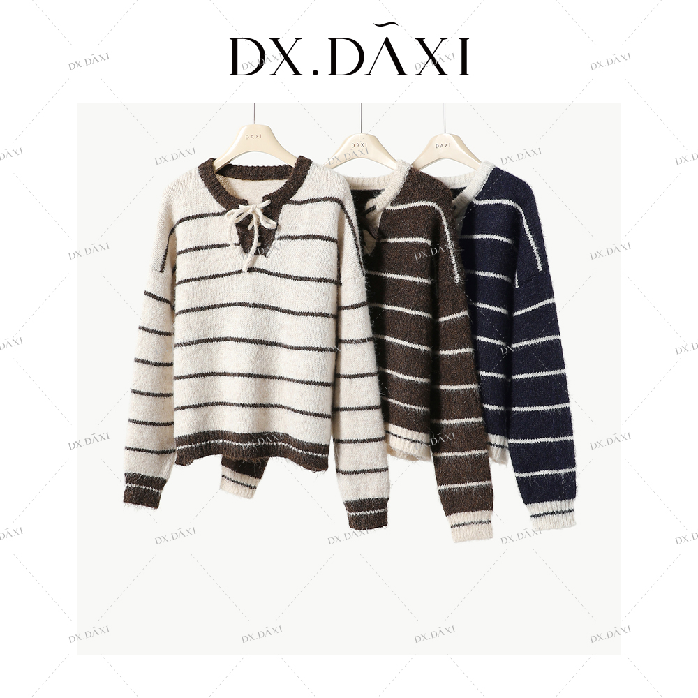 DX.DAXI【赫拉小姐】设计感系带毛衣女秋季新款条纹百搭气质上衣
