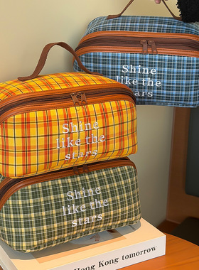 星芒格纹化妆包防水大容量便携旅行收纳袋多层拉链手提旅行洗漱袋