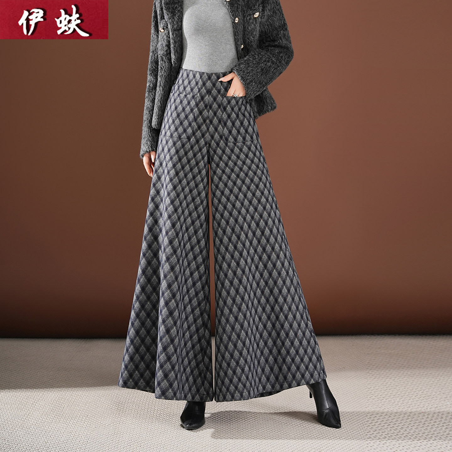 秋冬毛呢阔腿九分裙裤女高腰格纹垂感宽松遮肉显瘦百搭舞蹈休闲裤,女装/女士精品,休闲裤,淘宝优惠券,粉丝福利购,淘宝优惠卷