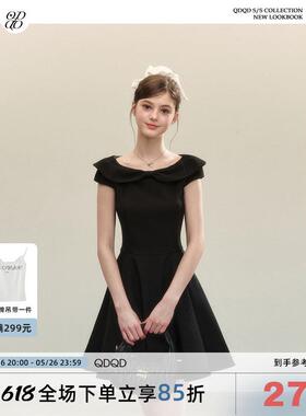 QDQD 气质一字肩黑色连衣裙夏季新款收腰显瘦法式高级感蓬蓬短裙